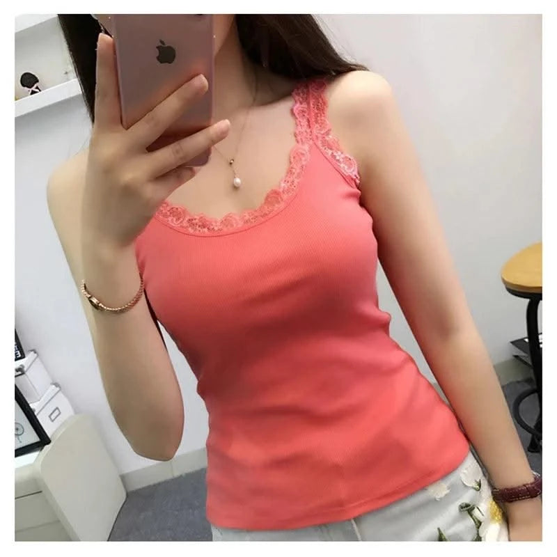 Women Tank Top With Lace Top Red Inside Wear Lace Camisoles