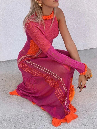 Crochet Knitted Dress for Women Contrast Hollow-Out See-Through One Shoulder Long Sleeve Beach Dress Bikini Cover-Ups