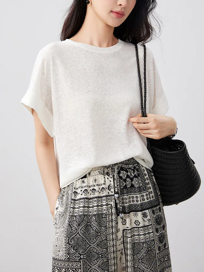 Summer Women Cotton Linen T-shirt Round Neck Thin Short-sleeved Transparent Loose Bottoming T-shirts Tops