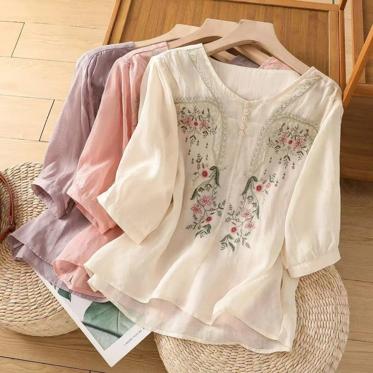 Cotton and Linen V-neck Embroidered Shirt for Women, Summer Thin Style Loose Medium Sleeves Small Shirt Top
