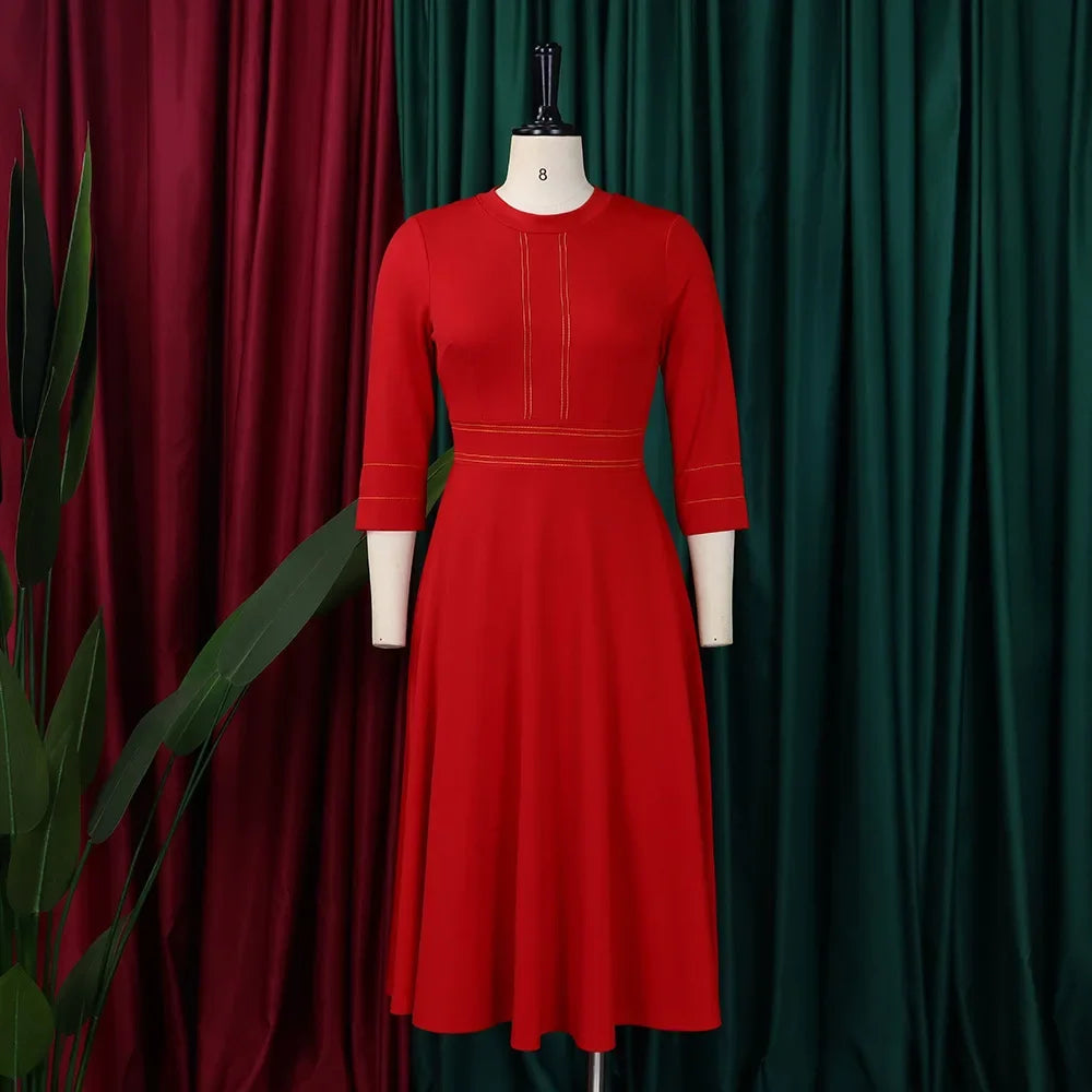 Elegant Dresses for Women Party 2024 Luxury O Neck 3/4 Sleeve High Waisted Pleated A Line Bridesmaid Midi Calf Birthday Dress
