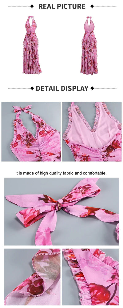 Bohemian Ruffle Long Dress for Women – Pink Floral Halter Neck Evening Gown – Elegant Vacation & Wedding Guest Dresses