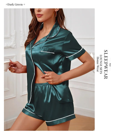 Women's Sleepwear Silk Satin Pajamas Set Button-Down Pyjama Shorts Suit Pijama Femme Loungewear Pj Sets Solid Color Home Clothes