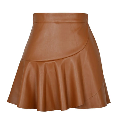 Women Ruffle High Elastic Waist PU Leather Skirts Summer Lady Irregular Clubwear Vestidos LDY-WW5529