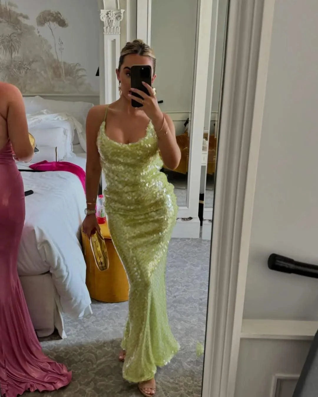 Shiny Sequins Off Shoulder Open Back Long Slim Maxi Dresses | Women, Girls | Summer Vacation Evening Party Gown