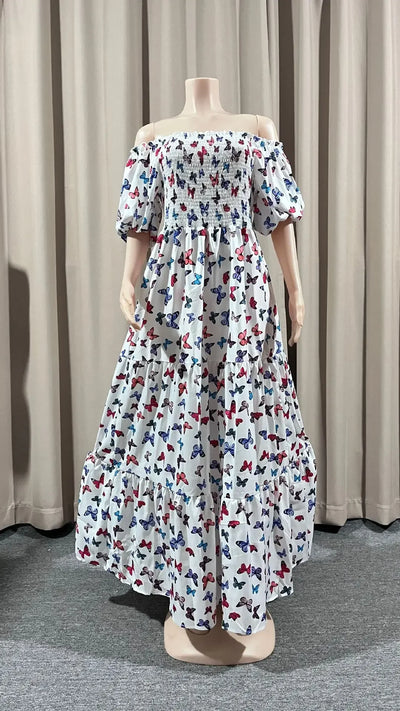 Summer Dresses for Women Print Off Shoulder Broken Flower Open Shoulder Long Dress Streetwear
