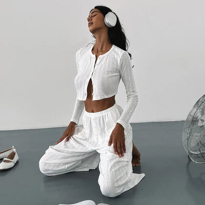 Women Homewear Two Piece Pajamas Set Elegant Long Sleeve Crop Top Wide Leg Pants Suit Outfits Loungewear Sleepwear Pyjamas