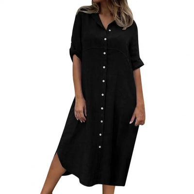 Women Dress Summer Single-breasted Half Sleeves Turn-down Collar Loose Solid Color Buttons Commute Midi Dress Female Vestidos