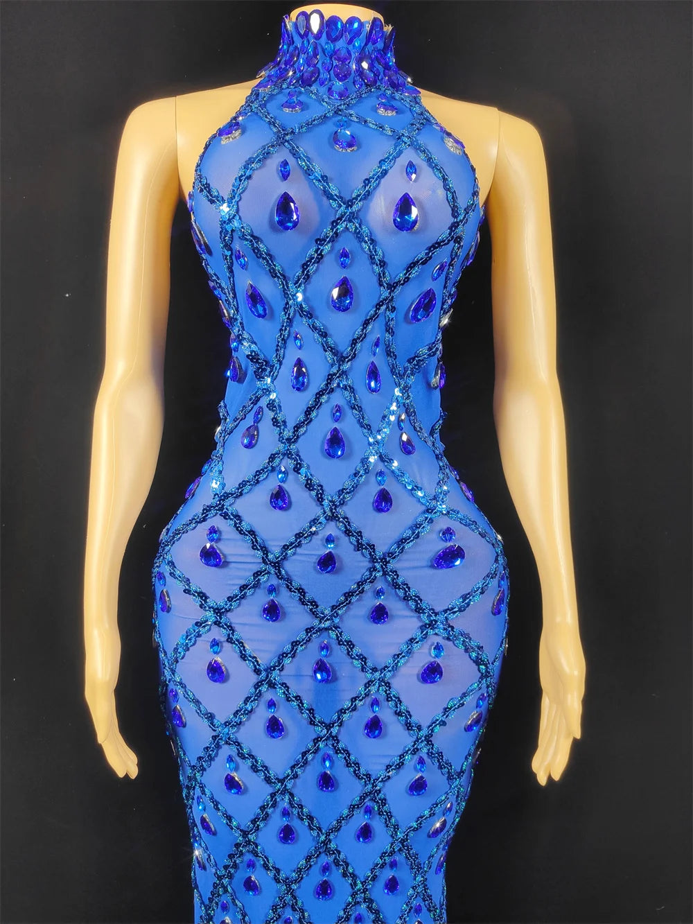 Women Sexy Stage Shining Rhinestone Sequins Dress Evening Prom Birthday Dress Transparent Performance Singer Club Host Dress