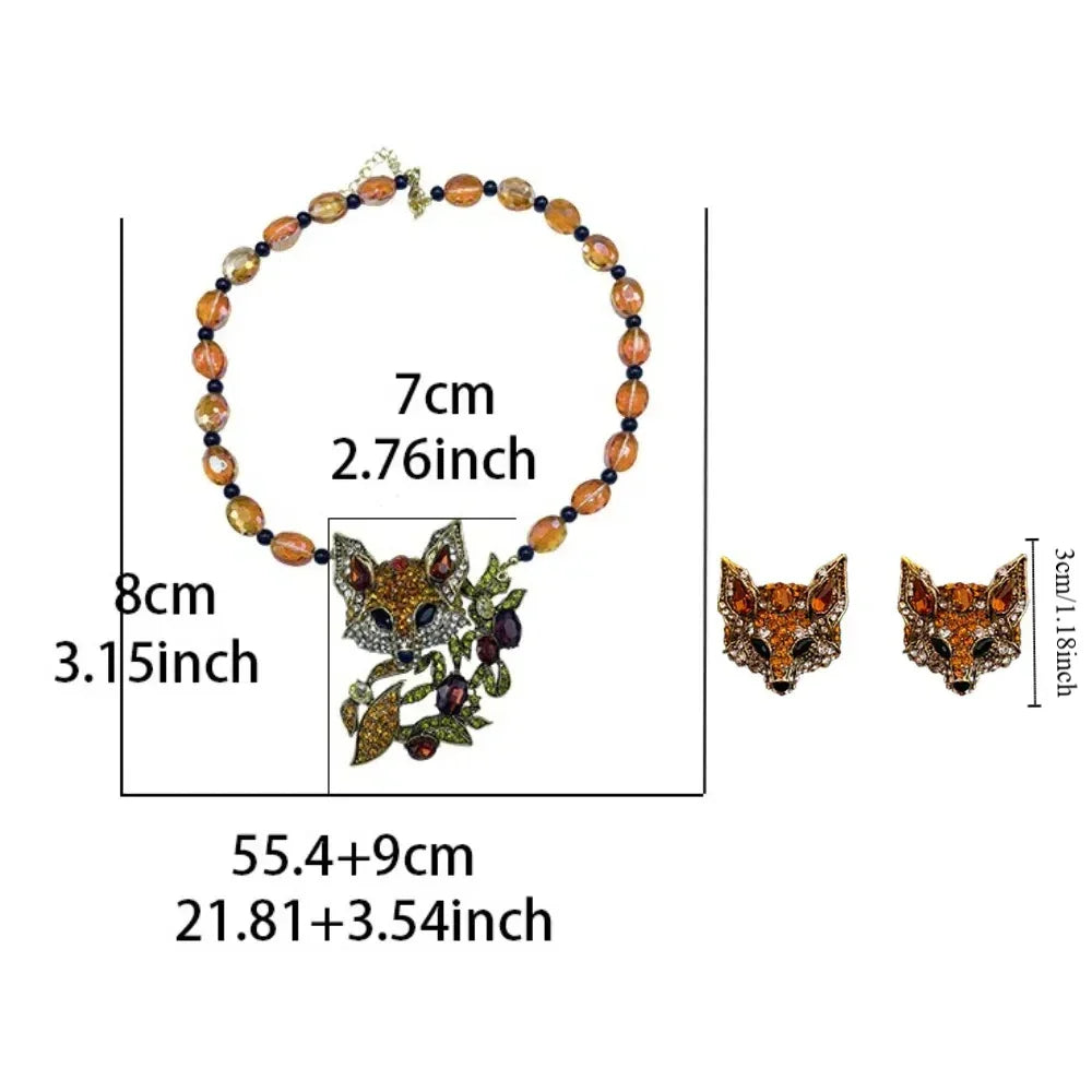 Luxury Crystal Cat Necklace Earrings Beaded Exaggerated Rhinestones Pendant Necklace Accessories Neck Jewelry