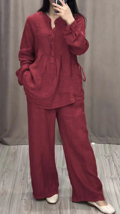 Women's 2 Piece Set Fashion Office Lady Cotton Linen Long-sleeve Casual Loose Wide-leg Pants Suit 2024 Spring Autumn Women Sets