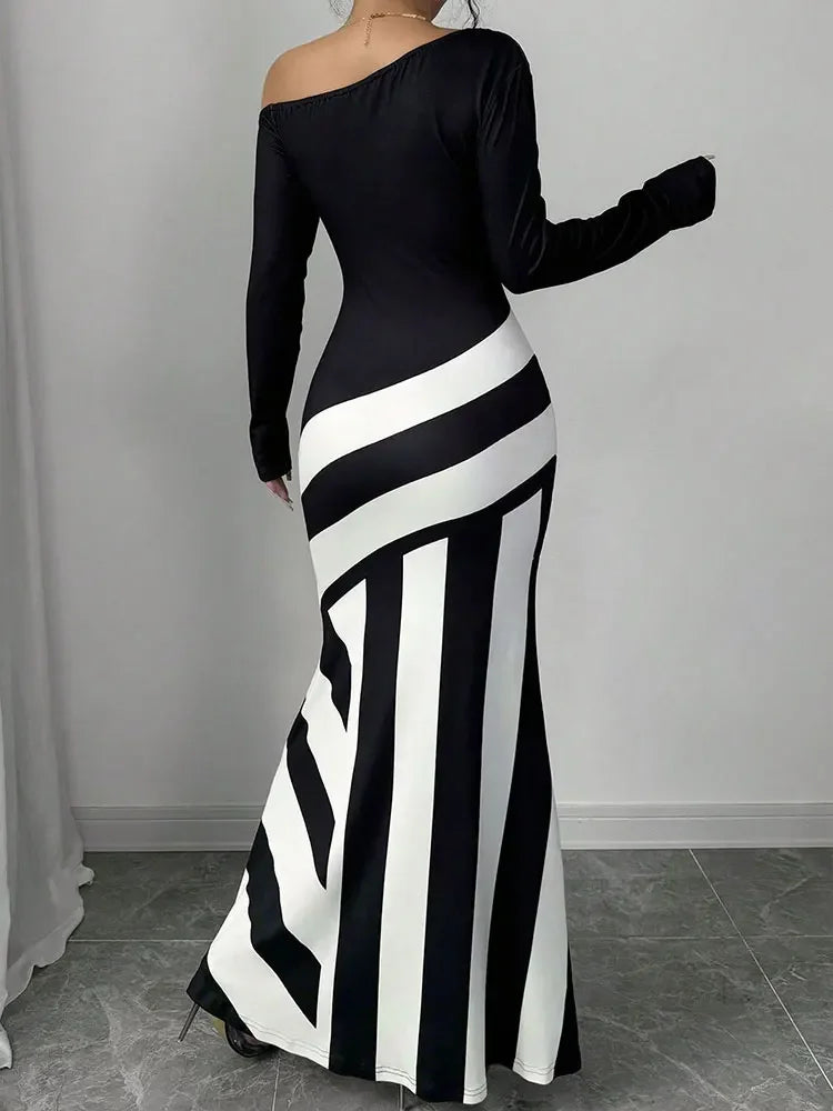 New Women Maxi Dresses Autumn Streetwear Fashion Black White Patchwork Casual Slim Dresses Elegant Female Knitted Dress Clothing