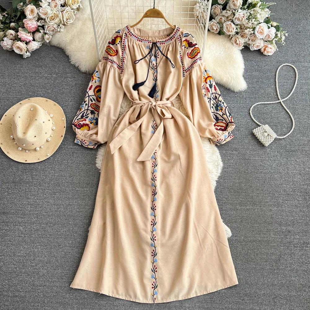 Boho Vintage Spring Autumn Women's Dress Ethnic Style Sundress Long Sleeve Embroidered Cotton Linen Black Beach Dresses платье