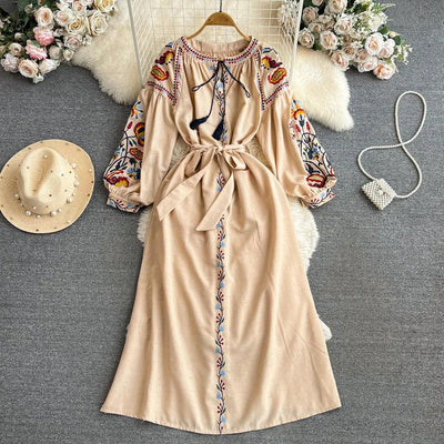 Boho Vintage Spring Autumn Women's Dress Ethnic Style Sundress Long Sleeve Embroidered Cotton Linen Black Beach Dresses платье