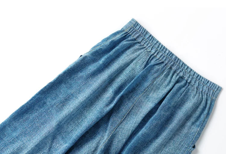 Women Pants 100% Mulberry Silk 16 momme Blue Jeans Printed Pocket Wide Leg Long Trousers Elastic Waist Office Lady M L XL MM858