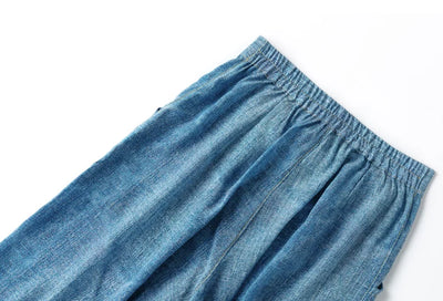 Women Pants 100% Mulberry Silk 16 momme Blue Jeans Printed Pocket Wide Leg Long Trousers Elastic Waist Office Lady M L XL MM858