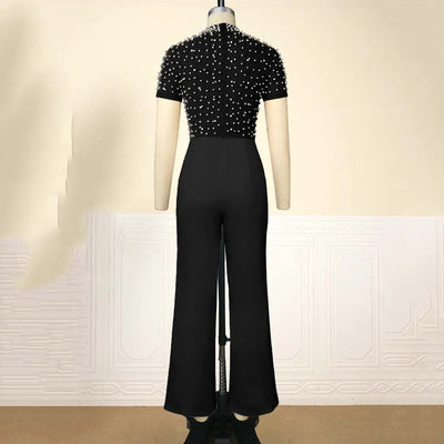 Elegant Jumpsuits & Rompers for Women O Nec Short Sleeve Beaded High Waisted Luxury Female Birthday Dinner Party Overalls Outfit