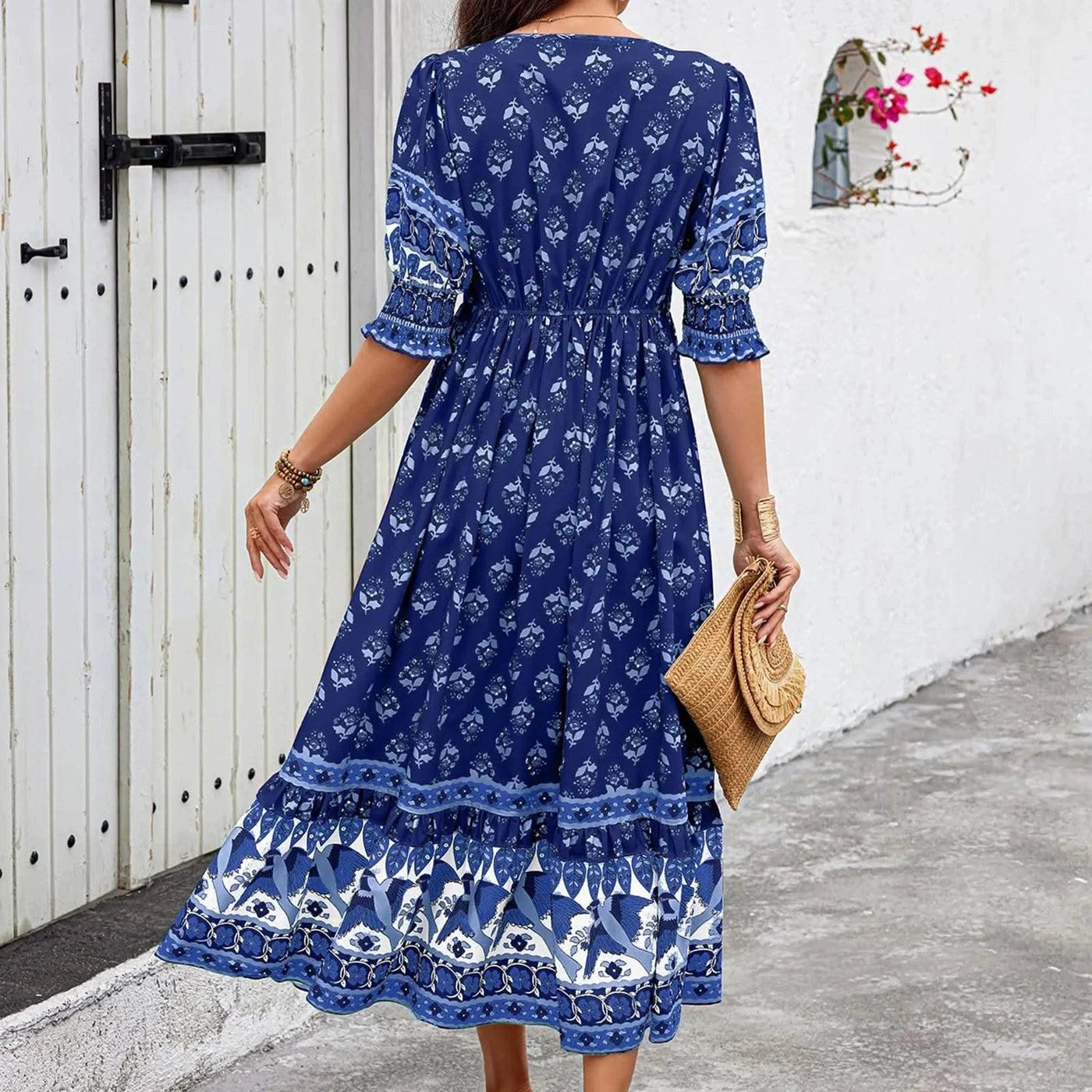 dresses for women Fashion summer Casual long dresses Bohemian V-Neck Printed High Waisted Big Swing Dress vestidos cortos