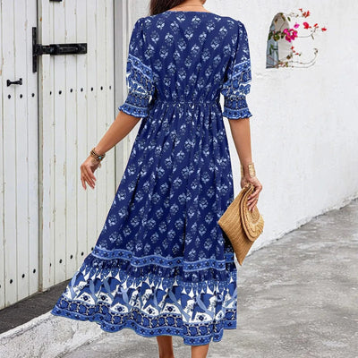 dresses for women Fashion summer Casual long dresses Bohemian V-Neck Printed High Waisted Big Swing Dress vestidos cortos