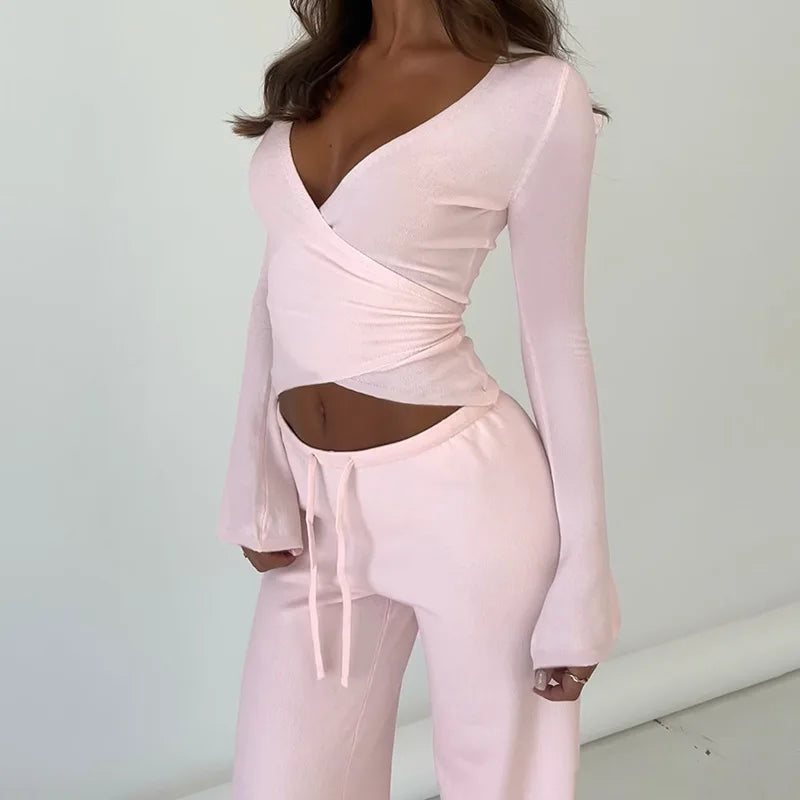Women Fashion Lounge Set Vintage 2 Piece Outfit Spring Autumn V Neck Waist Tie T-shirt+Elastic Waist Pants Long Sleeve Crop Tops