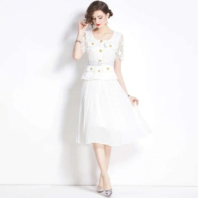 Luxury Evening Dress Women Summer Vacation Short Sleeve Pleated Lace Chiffon Long Dresses White Single Breasted Midi Party Robe