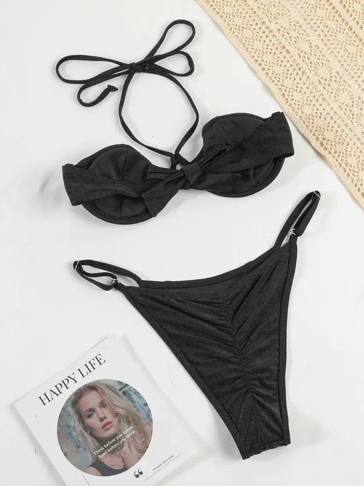 Sexy Bikinis Cup Swimsuit Print Biquinis Feminino Swimwear Bow String Bikini Sets Micro Bathing Suit Women Beachwear Summer