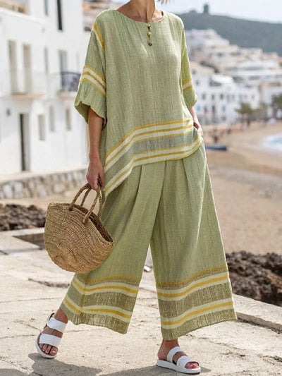 Women Summer Loungewear Suits Printing Loose Wide Leg Pants 2PCS Matching Set Half Sleeve O-Neck Pullover Top Outfit Streetwear