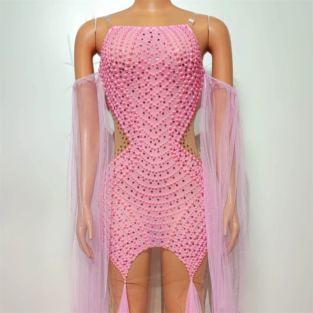 New Pink Rhinestones Pearls Dress Sexy Mesh Party Evening Dresses Women Singer Festival Wear Stage Outfit Jazz Dance Costume