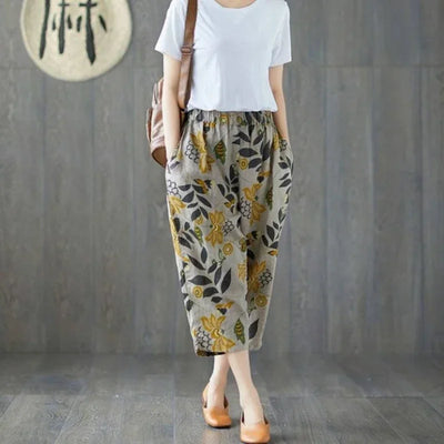 Casual Wide Leg Pants Women Summer Harem Pants for Women Retro Fashion Print Loose Cotton Linen Pants Printed Ankle-Length Pants