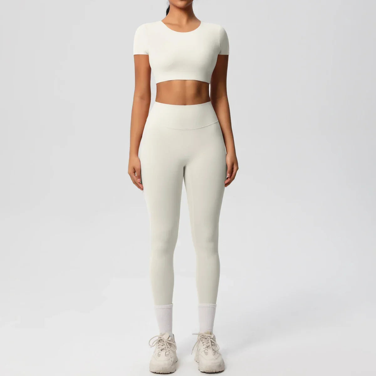 Yoga Set 2 Pieces Women Tracksuits Workout Sportswear Gym Clothing Fitness Short Sleeve With Padded High Waist Leggings Suits