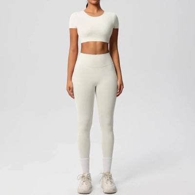 Yoga Set 2 Pieces Women Tracksuits Workout Sportswear Gym Clothing Fitness Short Sleeve With Padded High Waist Leggings Suits