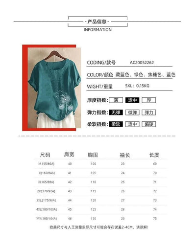 Linen Women's Tops Fashion Floral Printed Cotton Yarn Shirt Fashion Button Design Shirt Sleeve T Shirts