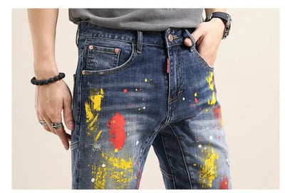 Men Fashion Denim Shorts Jeans New Summer Male Blue Ripped Jeans Shorts High Quality Man Paint Splash Technology Denim Shorts