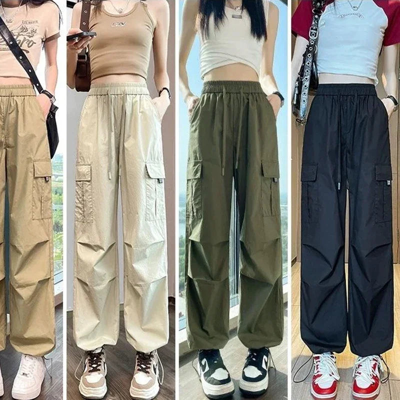 Fashion Women Joggers Pants Casual Female Chic Straight Cargo Pants Elastic High Waist Streetwear Slim Trousers Summer Thin