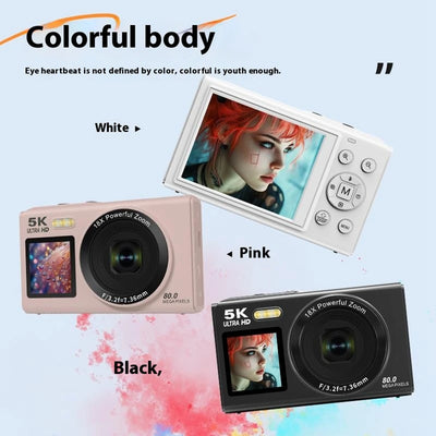 Digital Camera CCD Dual Screen Portable Digital Camera with18X Zoom 5K Vlogging Camera 80MP CCD Selfie Camera with 64GB Card