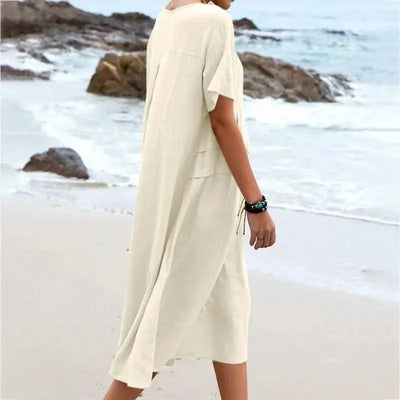 2025 Summer Fashion New Women's Elegant Long Cotton and Hemp Dress Round Neck Vacation Short Sleeve Medium Long Dress