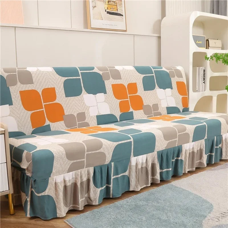 1/2/3Seater Sofa Bed Cover with Skirt Elastic Printing Seat Cover Armless Sofa Bed Cover Sofa Covers for Living Room Home Decor