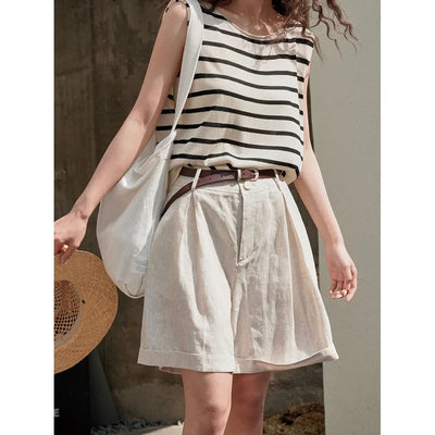 Summer Korea Style Lazy Linen Curled Bermuda Shorts Wide Leg Loose Slim Casual Hot Pants For Women