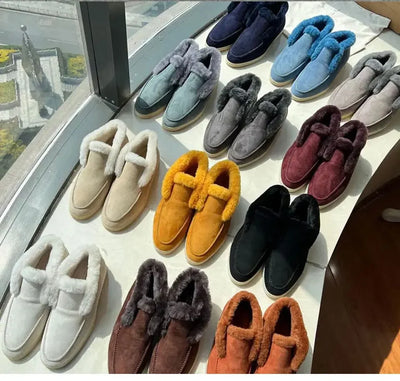 Fur Ankle Boots Women's Cow Suede Loafers High Quality 2025 Winter Flat Shoes Fur Integrated Warm Snow Boots
