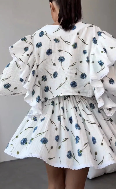 Women Cotton Linen Print Loose Suit Women Lantern Sleeve Ruffles V-neck Patchwork Single-Breasted Top High Waist Mini Skirt Suit