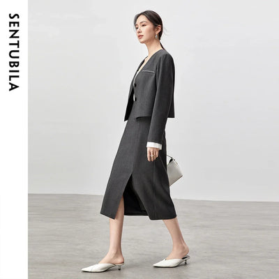 SENTUBILA Two Piece Skirt Sets Women Outfits 2025 Spring Office Ladies V Neck Grey Blazer Jackets Straight Slit Skirt 143Z56241