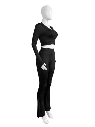 2024 Autumn Solid Women Tracksuits Slim 3 Piece Sets Tank Crop Tops + Zipper Long Sleeve Jackets + High Waist Flare Pants Suits