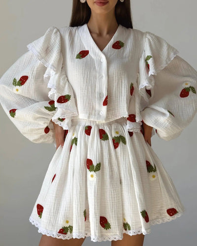 Women Cotton Linen Print Loose Suit Women Lantern Sleeve Ruffles V-neck Patchwork Single-Breasted Top High Waist Mini Skirt Suit