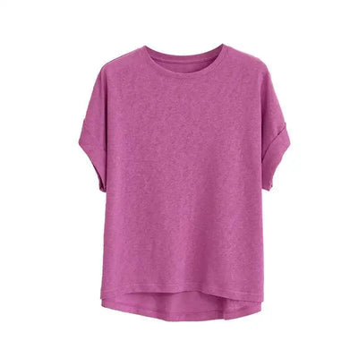 Summer Women Cotton Linen T-shirt Round Neck Thin Short-sleeved Transparent Loose Bottoming T-shirts Tops