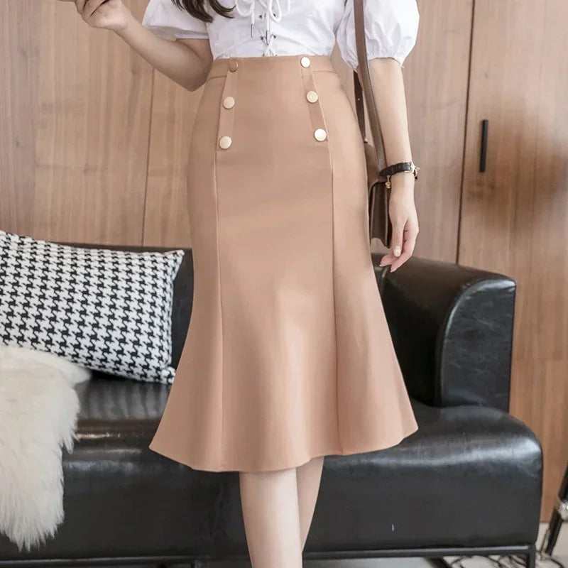 Oversized Winter Black Long Skirts 2024 Fashion Button High Waist Sexy Red Skirt Women Clothing Elegant Korean Office Midi Skirt