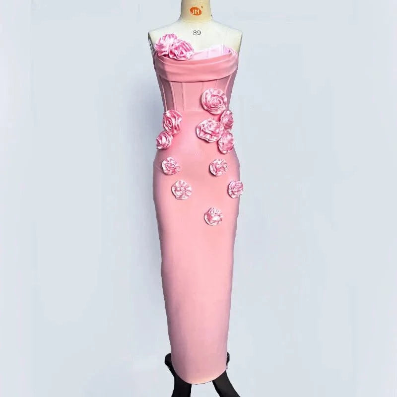 Pink Red Color Women Sexy Strapless Off the Shoulder Florals Bodycon Long Bandage Dress Celebrate Fashion Evening Party Outfit