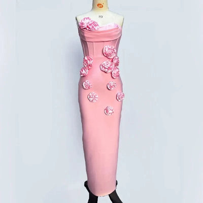 Pink Red Color Women Sexy Strapless Off the Shoulder Florals Bodycon Long Bandage Dress Celebrate Fashion Evening Party Outfit