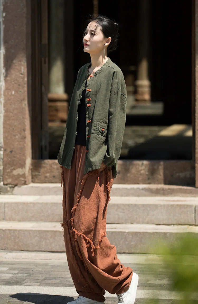 Cotton Linen Women's Literary Vintage Ramie Tops Shirt Women's Patchwork Colour Plate Button Lapel Cardigan Jacket Chinese Style