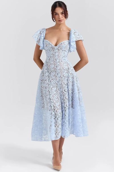 Elegant Flare Short Sleeve Flower Embroidery Long Prom Dresses Women Summer Holiday Low Cut Pleated Midi Evening Dress