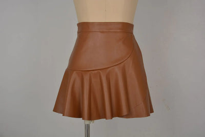 Women Ruffle High Elastic Waist PU Leather Skirts Summer Lady Irregular Clubwear Vestidos LDY-WW5529